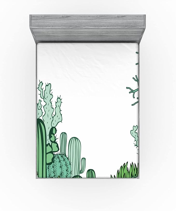 Ambesonne Cactus Fitted Sheet, Arizona Desert Themed Doodle Cactus Staghorn Buckhorn Ocotillo Plants, Bed Cover with All-Round Elastic Deep Pocket for Comfort, Queen Size, Green Pale Green Seafoam