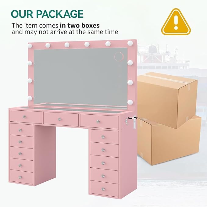 Vanity Desk with Mirror and Lights, 13 Drawers Makeup Vanity with Glass Top, 3 Color Lighting Modes, Makeup Vanity with Chair for Bedroom (Pink)