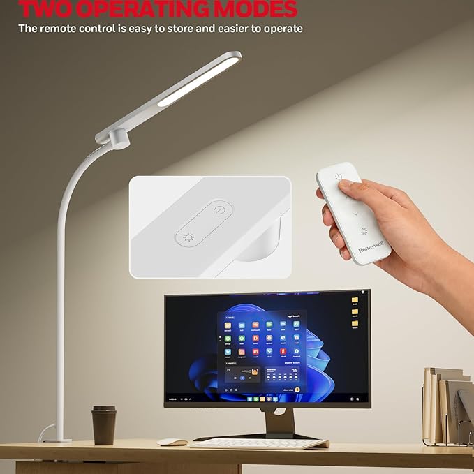 Honeywell HJ2 Gooseneck LED Desk Lamp with Clamp,3-Color Stepless Dimming.Flexible Metal Lamp Arm,CRI ≥ 97.Adjustable Small Desk Lamp for Home Office,Studying, Reading, Artists & Crafters（White）