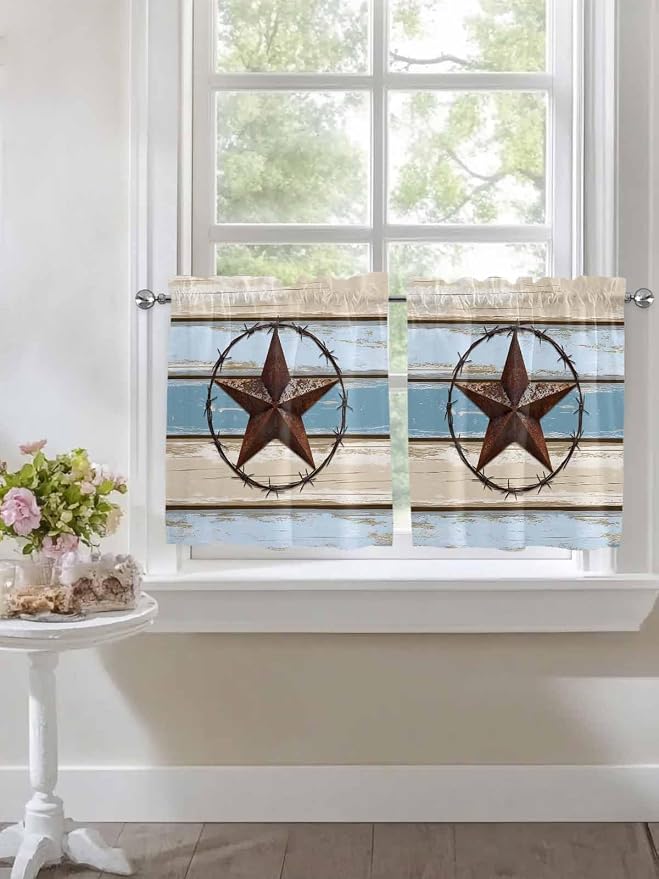 Vintage Western Star on Wood Grain Window Valance Curtains, Retro Wooden
