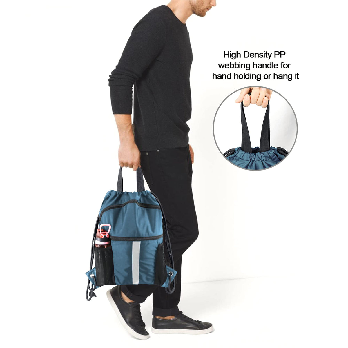 BeeGreen Workout Backpack with Shoe Compartment - Large Sackpack String Bag with Zipper Pockets and Water Bottle Pockets - Sports Yoga Cinch Bag for Gym - Haze Blue