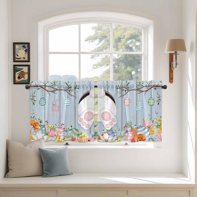 Easter Kitchen Tier Curtains 36 Inch Long 2 Panel Set, Rod Pocket Half Window