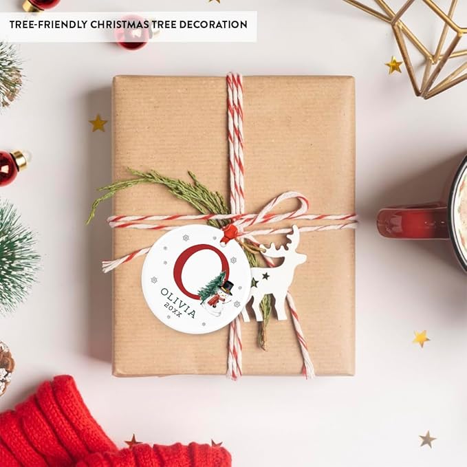 Andaz Press Personalized Christmas Ornaments, Custom Name, Initial O Monogram Snowman 2.8" Ceramic Porcelain 2025 Christmas Ornament Keepsake for Kids, Boys, Girls, 1-Pack Initial Ornaments