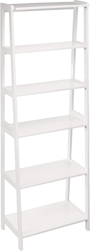 Amazon Basics 5 Shelf Sturdy Rubberwood Ladder Bookshelf for Book Storage, White, 15.03" D x 25.98" W x 74.48" H