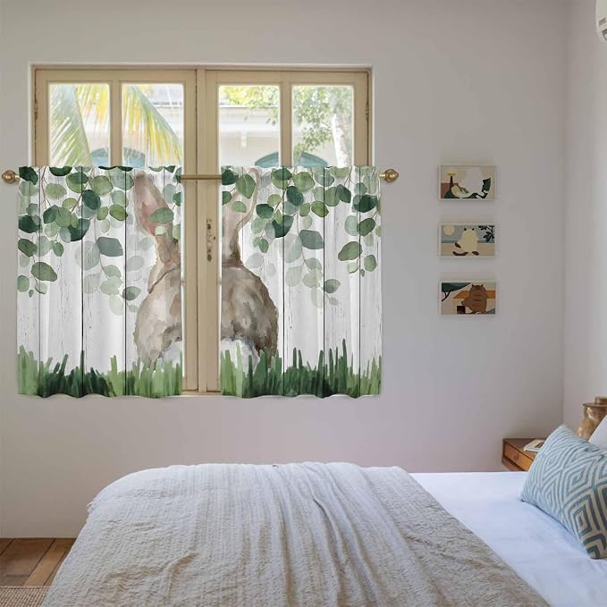 Easter Kitchen Curtains, Country Rabbit Botanical Leaves Wooden Grain Light