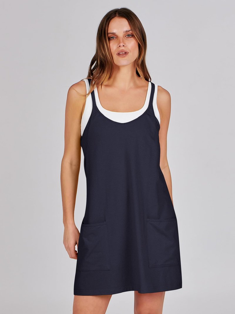 ANRABESS Women Athletic Dress Summer Tennis Workout Active Sports Mini Romper Dress Built in Shorts Travel Vacation Clothes Navy Blue Medium