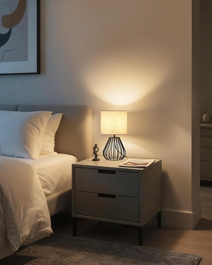 Small Bedside Table Lamp, Black Table Lamp with Metal Cage & Linen Lampshade, Modern Cute Desk Lamp, Cozy Nightstand Lamp for Bedroom, Living Room, Office, 2700K LED Bulb Included, E06TL05