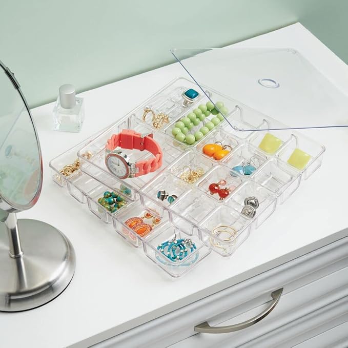 mDesign Makeup Organiser - Practical Cosmetics Storage Box with 2 Drawers and Shelf Space for Nail Polish, Lip Stick, Jewellery and More - Ideal Plastic Drawer Storage - Transparent/Clear