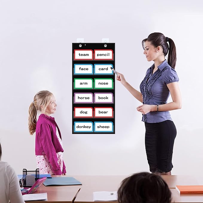 10”W x 25”H Classroom Words Pocket Chart with 6 Clear Pockets, Black Standard Pocket Chart for Classroom and Home for Sentence Strips, Reusable Words Hanging Pocket Chart (Black)