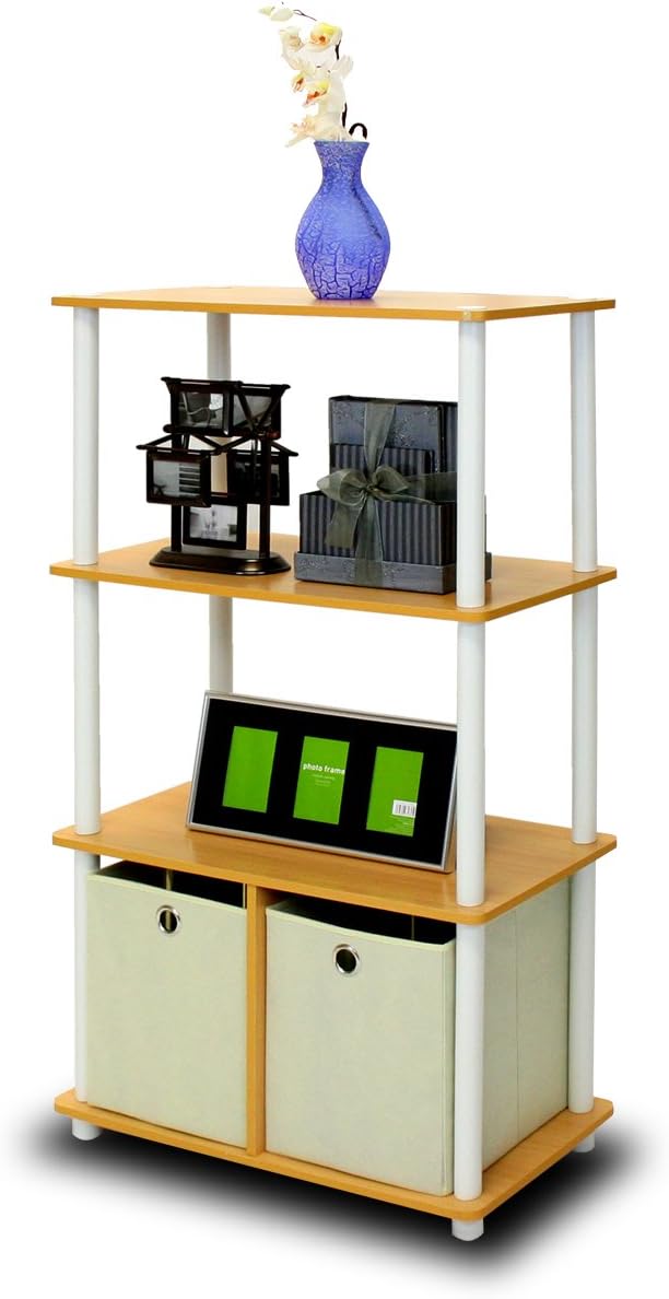 Furinno GO GREEN Storage Shelf, 4-Tier Storage Rack with Bins, Book Shelf, Display Rack, with Storage Bins, for Organization and Storage, Living Room, Home Office, Beech