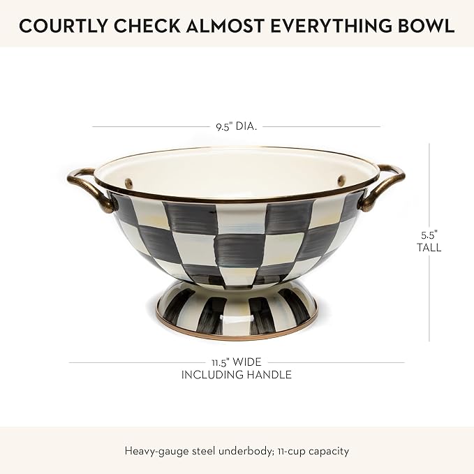 MACKENZIE-CHILDS Enamel Bowl, Small Serving Bowl for Entertaining, Almost Everything Bowl, Black-and-White Courtly Check