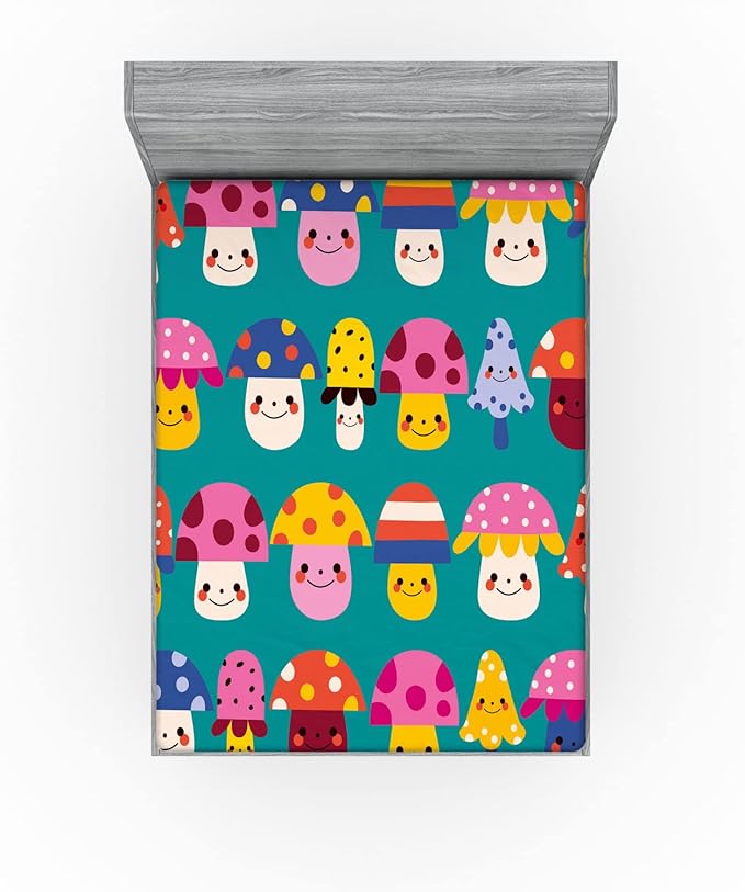 Ambesonne Mushroom 2 Pack Fitted Sheet, Shapes and Dots, Bed Cover All-Round Elastic Deep Pockets 2 Pieces, Package Contains 2 Full Size Fitted Sheets, Dark Seafoam Multicolor