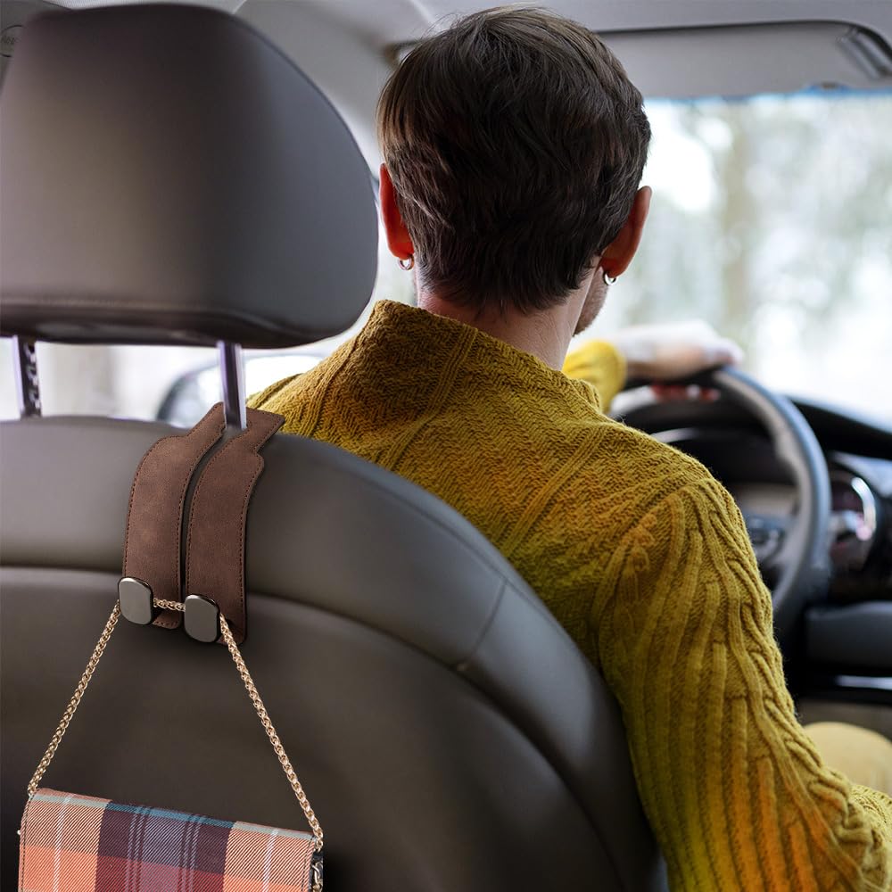 Headrest Hooks for Car, 2026 New Car Seat Back Storage Hook for Headrest, Double Hook Car Hooks for Purses and Bags Cute Leather Headrest Hanger Seat Back Organizer (Brown)