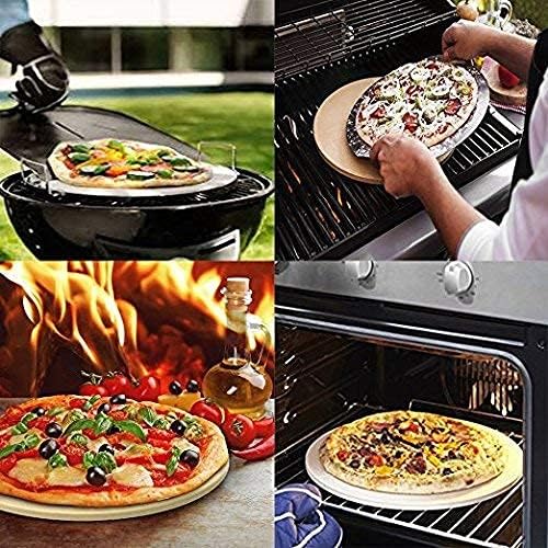 13 Inch Round Pizza Stones for Grill and Oven, Cordierite Baking Stones Set with Serving Rack & Cutter, Durable and Safe Cooking Stone Pan for Bread, Natural Pizza Stone for Family