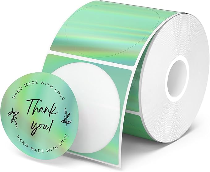 MUNBYN 2" Circle Holographic Thermal Label Stickers Green, Round Printable Rainbow Glitter Thermal Printer Sticker Labels for Gift Wrapping, Self-Adhesive Name Price Tag DIY Custom Logo Design