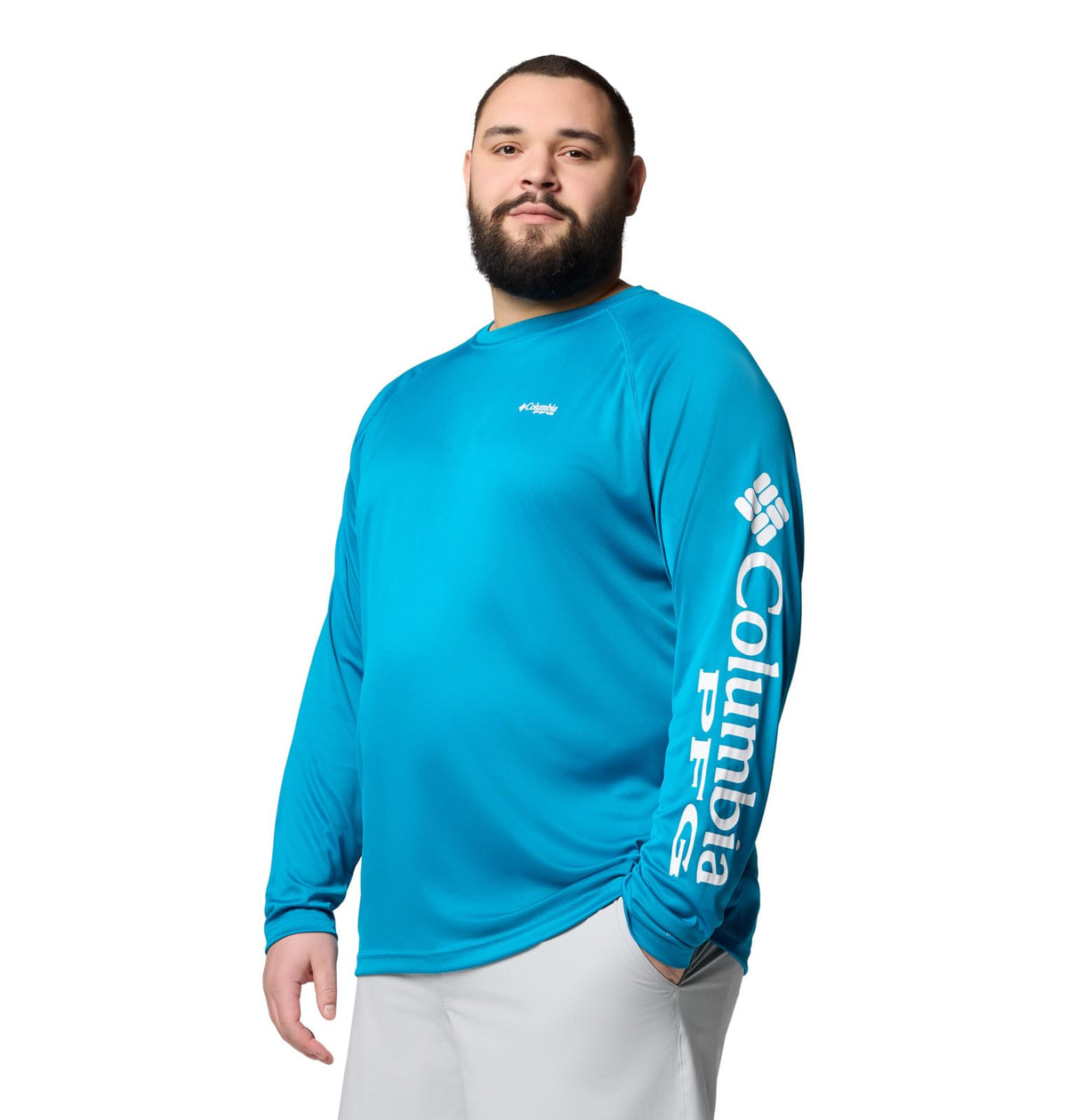 Columbia Men's PFG Terminal Tackle Long Sleeve Fishing Shirt, Blue Echo/White Logo, 2X