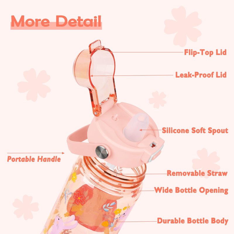 alldomess 20oz Kids Water Bottle For School or Travel, Leak-Proof & Dishwasher, Durable Plastic Sport Water Bottle With Straw and Handle, Rabbit