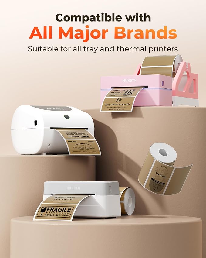 MUNBYN 4” X 2” Direct Thermal Labels, Thermal Printer Stickers, Strong Adhesive & Perforated Labels Paper for Barcode, Mailing, 500 Sheets/1 Roll, Brown