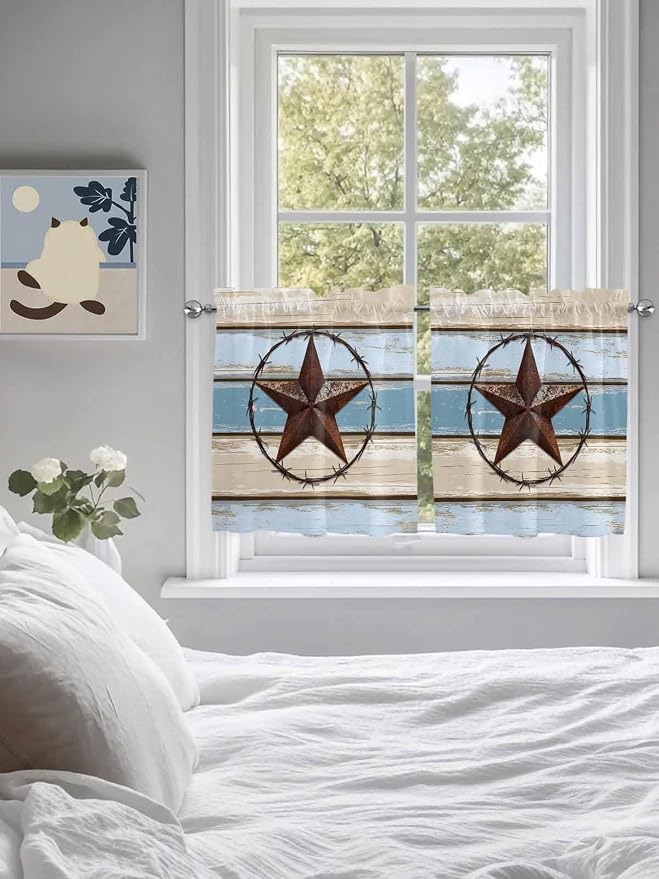 Vintage Western Star on Wood Grain Window Valance Curtains, Retro Wooden