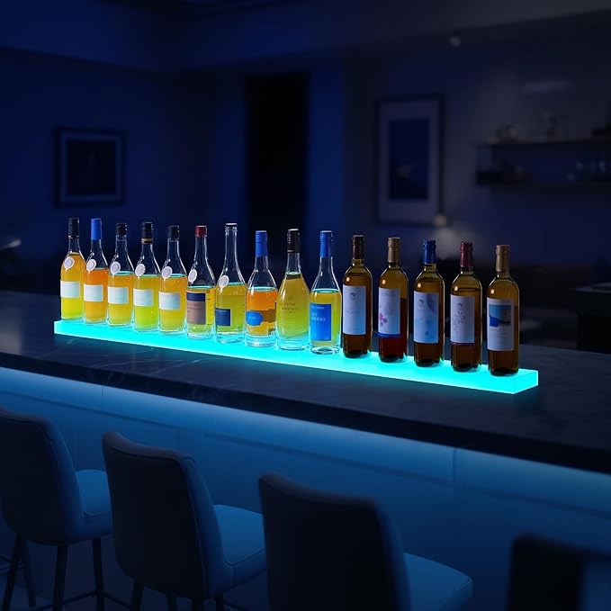 VEVOR LED Lighted Liquor Bottle Display, 1 Tier 60 Inches Whiskey Rack, Supports USB, Illuminated Home Bar Shelf with RF Remote & App Control, 7 Static Colors, Acrylic Lighted Shelf for 15 Bottles
