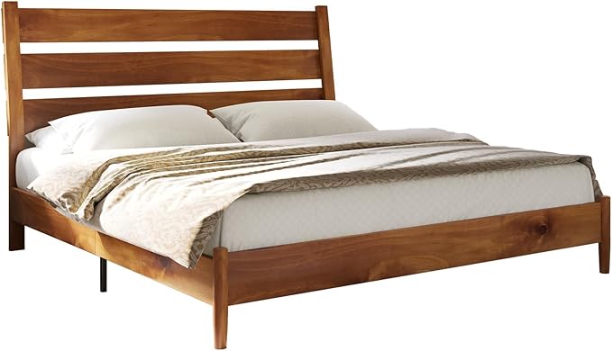 VanAcc Solid Wood King Bed Frame, Platform Bed with Reclining Slatted Headboard, Mid Century Bed with Wood Slat Support, Light Brown
