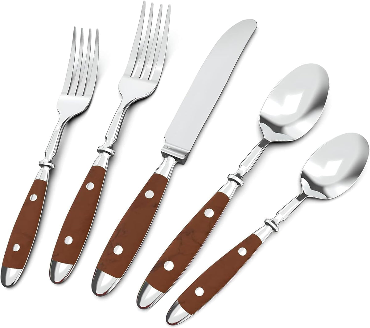 QUEARI 20-Piece Silverware Set Service for 4 with Two Rivets, Vintage Flatware Set, Stainless Steel Cutlery Set with Coffee-colored Bakelite Handle, Dishwasher Safe, Light Brown Color