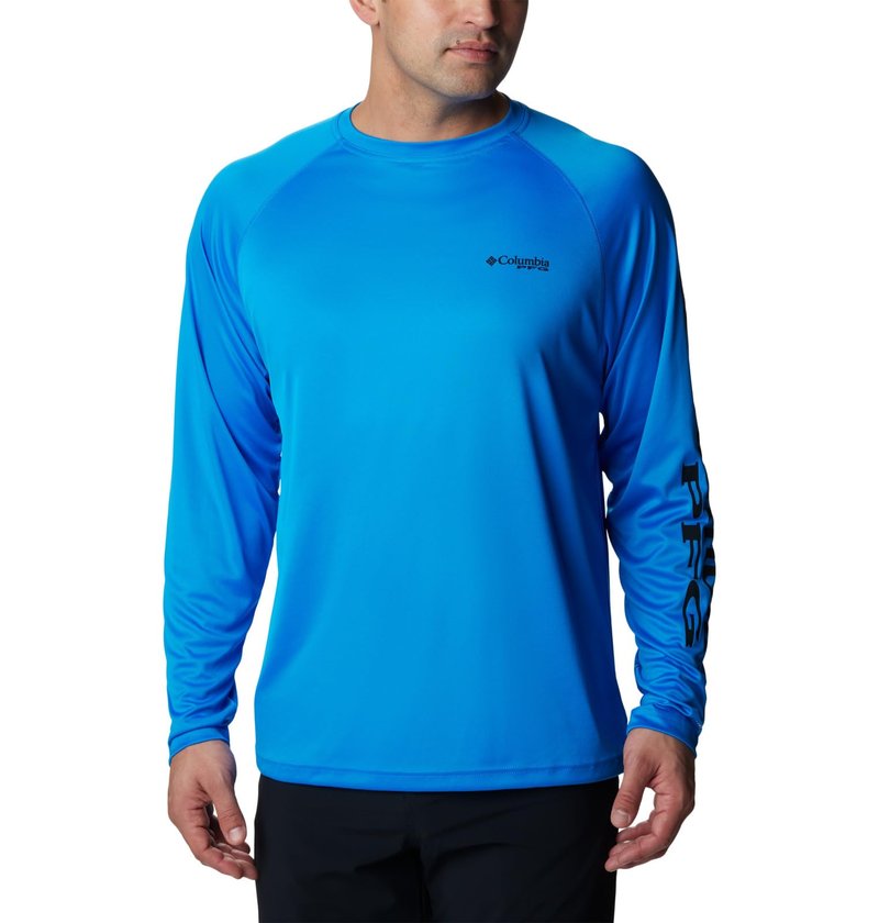 Columbia Men's Terminal Tackle Long Sleeve Shirt, Hyper Blue/Black Logo, 5X Tall