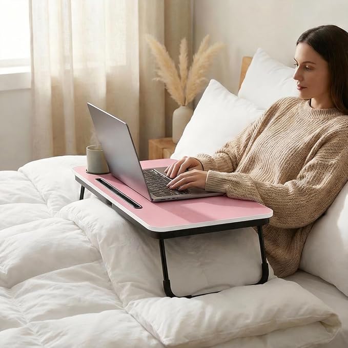 BUYIFY Foldable Laptop Bed Desk for Couch, Sofa - Large Lap Desk Tray Table with Cup Holder and Tablet Slot - Portable Notebook Stand for Eating, Writing, Studying and WFH (Pink)
