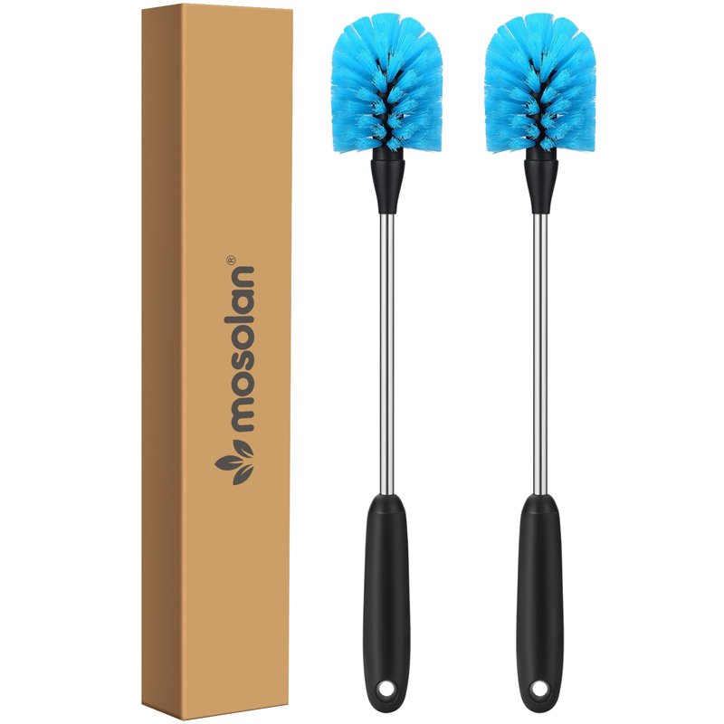 MOSOLAN Stainless Steel Water Bottle Brush, Long Handle Scrubbing Brush, Built for Cleaning Sport Bottles, Baby Bottles, Cups, Coffee Mugs, Glasswares, Wine Decanters, Flask, 2 Pack, 15 in