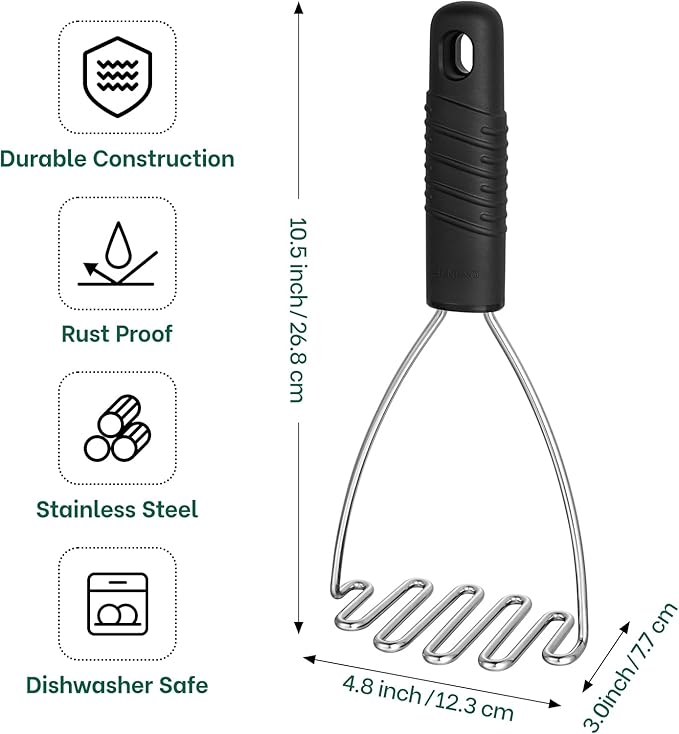 Beneno Ergonomic Soft Grip Stainless Steel Potato Masher, Black