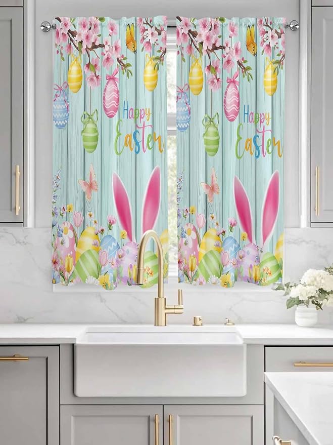 Happy Easter Bedroom Curtains 63 Inches length, Spring Bunny Eggs Flower Teal