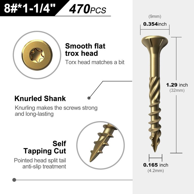 Haespot 470PCS #8 x 1-1/4" Wood Screws, Self-Tapping Drive Deck Screws, Outdoor Used Epoxy Coated Screws, Coarse Threads, T25 Star Bit Included, Bronze