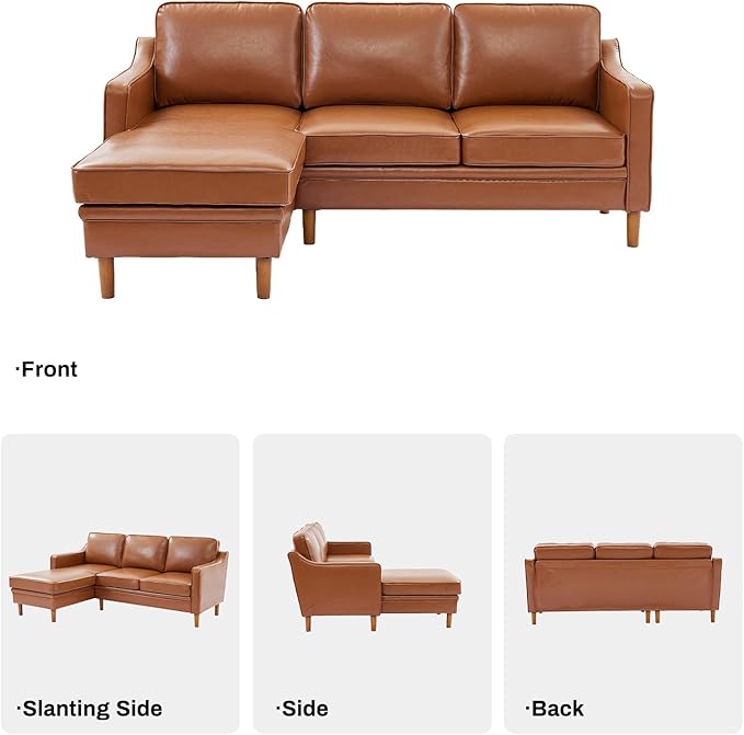 Kingfun 88" L-Shape Sofa, Faux Leather Sectional Couch, Mid Century Modern Couches with Solid Wood Frame for Living Room & Bedroom, Dark Brown