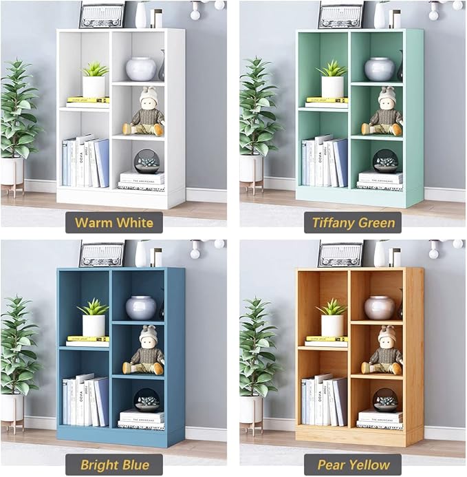 IOTXY Open Shelf Low Bookcase - Wooden 3-Tier Floor Standing Display Cabinet Organizer with Base, 5 Cubes Short Horizontal Bookshelf in Warm White