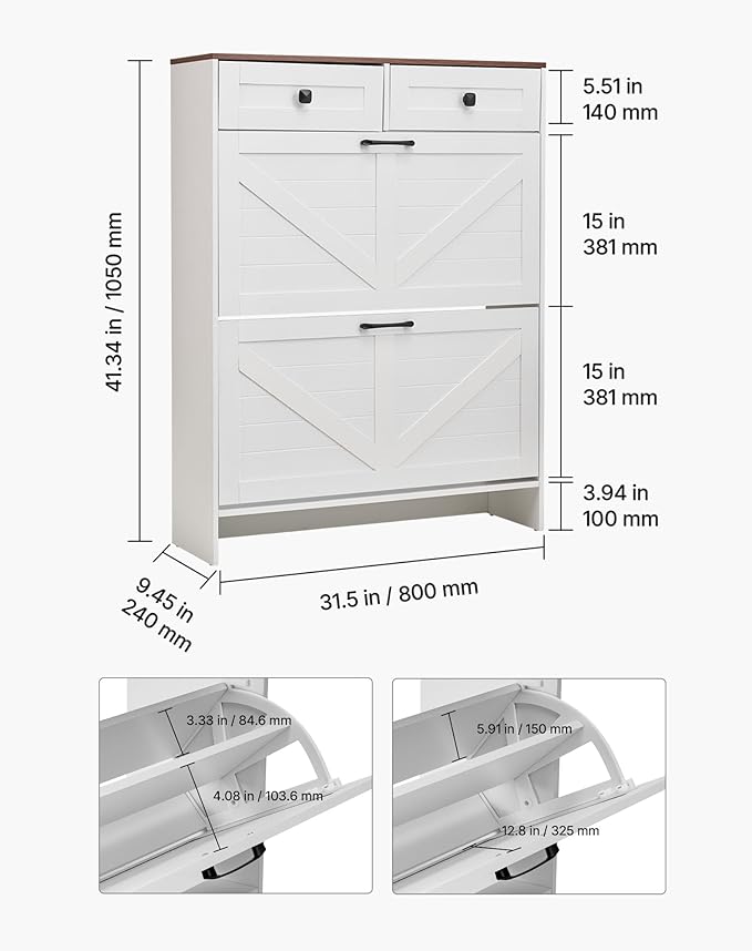 VEVOR Shoe Cabinet with 2 Flip Drawers, Farmhouse Shoes Storage Cabinet with 2 Drawers and Anti-Tipping Device, Freestanding Shoe Organizer Ideal for Entryway, Hallway, Bedroom, Living Room, White