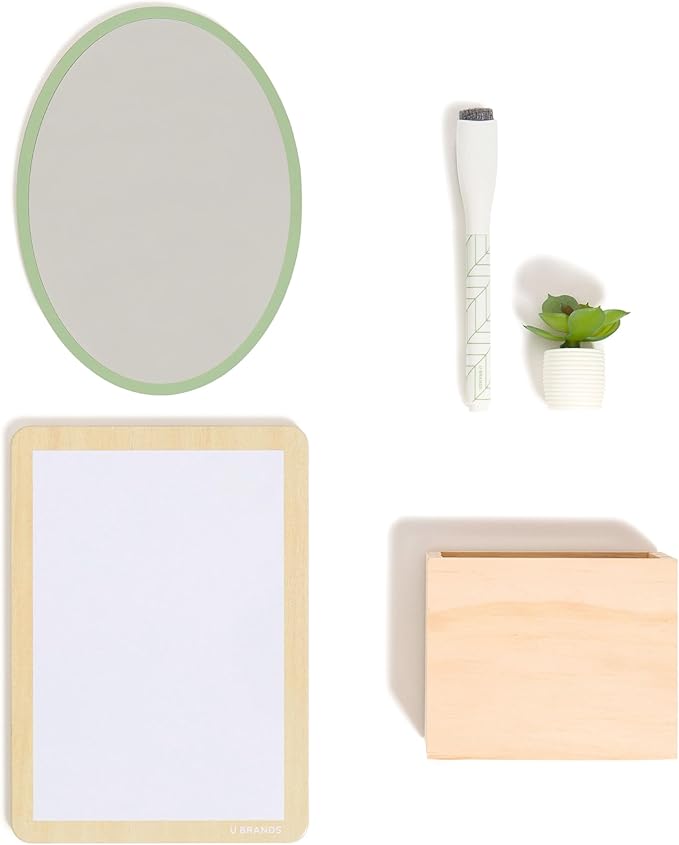 U Brands Magnetic Locker Garden Accessory and Decorating Kit, Back to School Essentials, Boho/Sage, 5 Piece, Mirror, Cup, and More