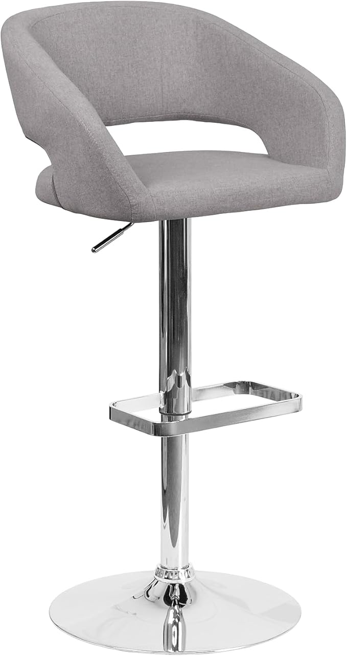Flash Furniture Erik Contemporary Adjustable Height Barstool with Footrest and Rounded Mid-Back, Upholstered Bar or Counter Height Stool, Gray/Chrome