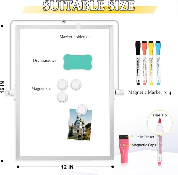 Dry Erase Magnetic White Board, 16" x 12" Double-Sided Desktop Whiteboard with Stand, Portable Small Whiteboard Set for Drawing, Office, Home, School
