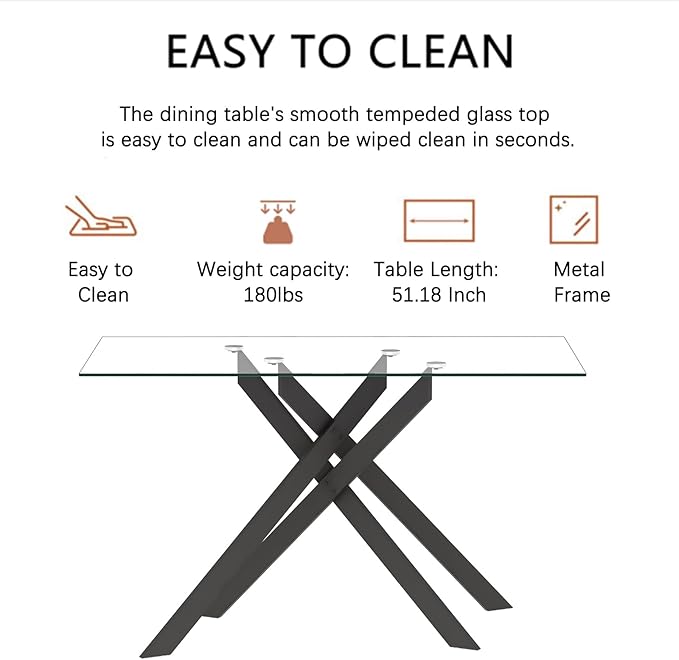 51.18" Glass Dining Table for 4-6, Dining Room Table with Black Tempered Glass and Black Metal Legs, Modern Rectangular Kitchen and Dining Room Dinner Table for Kitchen