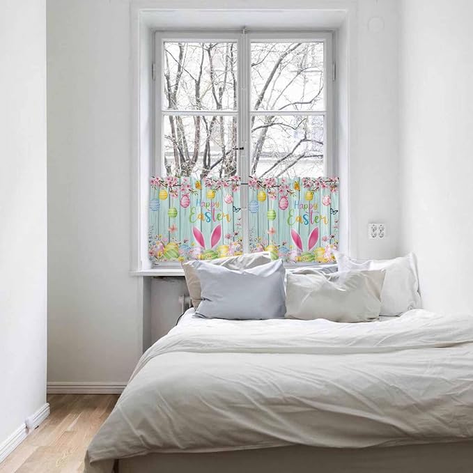 Happy Easter Half Window Curtains 24 Inches Long, Spring Bunny Eggs Flower Teal