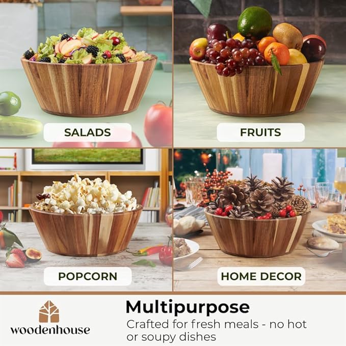 Woodenhouse Wooden Bowls, Wooden Salad Bowl Set of 3 - Round Design Large Salad Bowl Set for Serving, Handmade, Durable and Stylish Natural Wood Dining Accessory