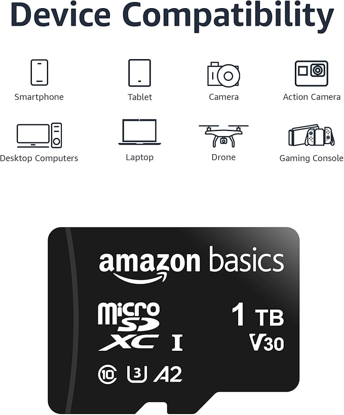 Amazon Basics microSDXC Memory Card for Smartphones, Tablets, Drones, Full HD, with Full Size Adapter, A2, U3, Read Speed up to 100 MB/s, 1 TB, Black