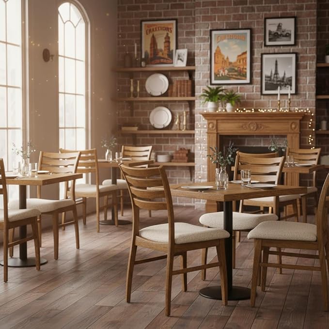 DUOMAY Farmhouse Dining Chairs Set of 4, Fur Beige Upholstered Side Chairs Solid Wood Ladder Back Kitchen Chairs for Home Dining Room, Browm Frame