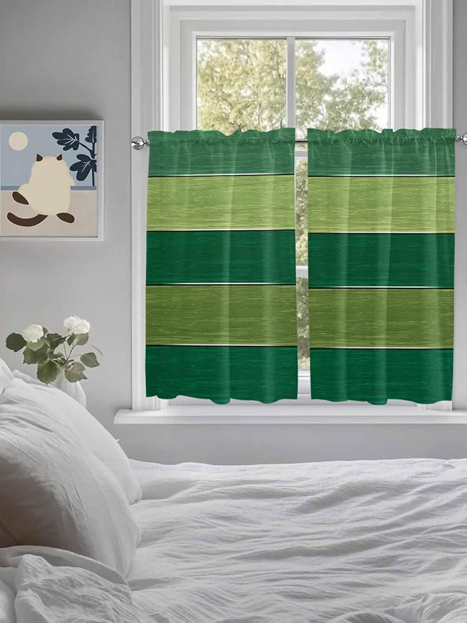 Farm Retro Green Wood Grain Window Valance Curtains, Rustic Wooden Plank