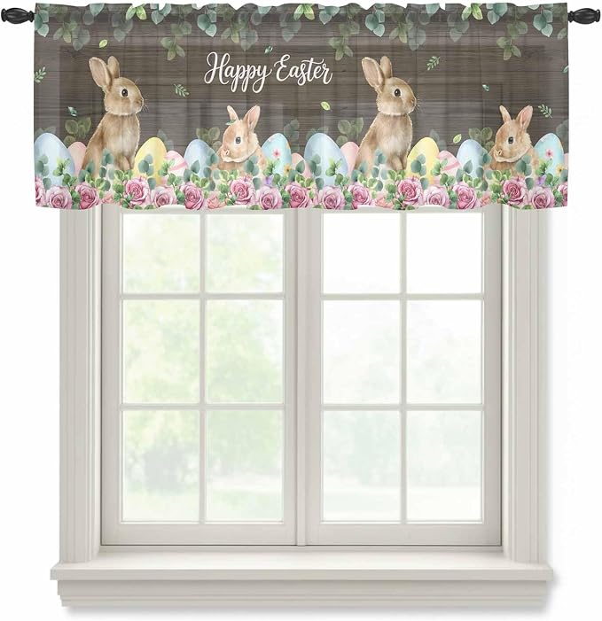 Easter Sheer Valances for Windows 42"x18", Light Filtering Kitchen Curtains