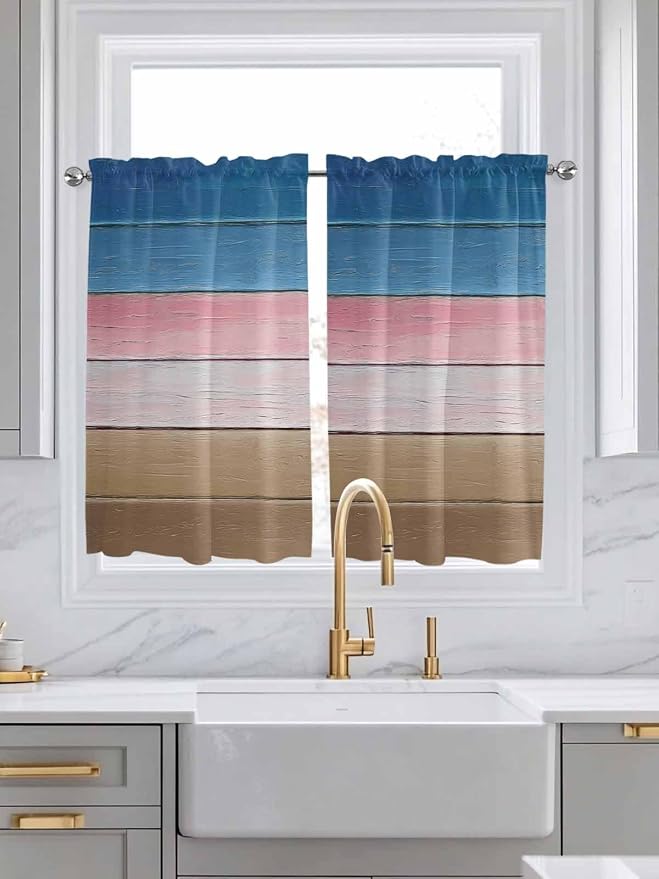 Blue Pink Brown Gradient Wood Grain Window Valance Curtains, Vintage Wood Board