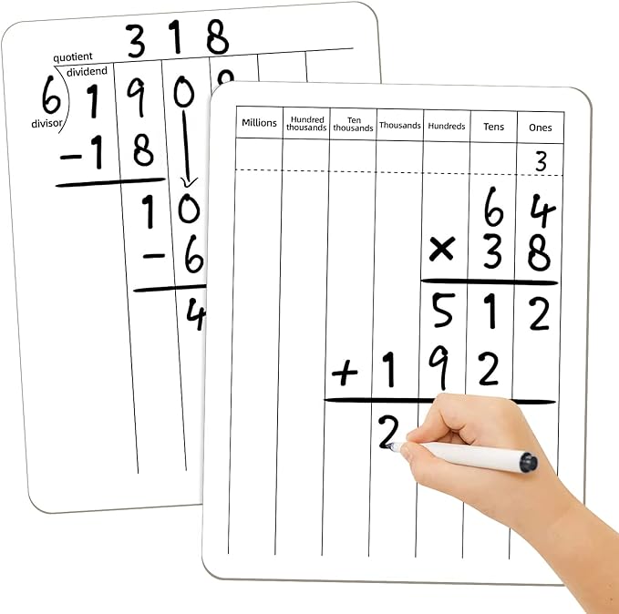 Math Manipulatives White Board for Students - Small White Board Dry Erase - Ideal for Classroom and Home Use - Long Division Double-Sided Dry Erase Board - 9x12 Inches