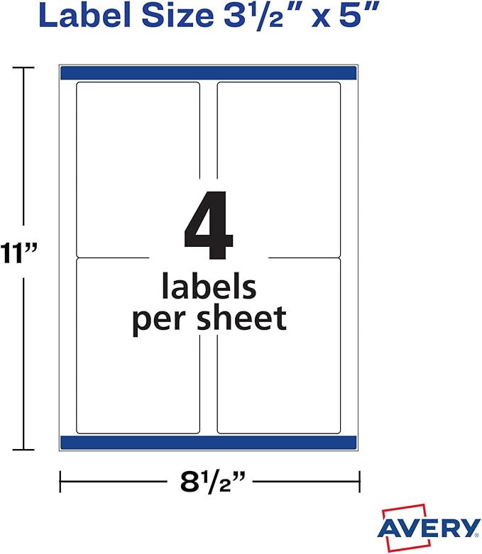 Avery Printable Shipping Labels with Sure Feed, 3-1/2" x 5", White, 400 Blank Mailing Labels for Laser Printers (5168)