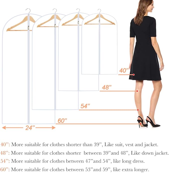 Garment Bags for Closet Storage (set of 12) Wedding Dress Garment Bag Clothes Bags for Storage Plastic Waterproof Dress Cover with Zipper for Dresses, Coats, Uniforms, Long Coats, Trench 24'' x 60''