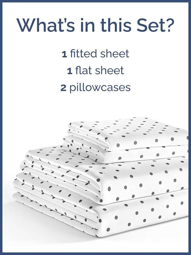 Kids Black Polka Dots Queen 4 Piece Sheet Set - Boys, Girls, Teens, Toddler - Easy Fit Deep Pockets - Breathable, Hotel Quality Sheets - Machine Washable - Wrinkle Free - Cute, Cozy, Soft - CGK Linens